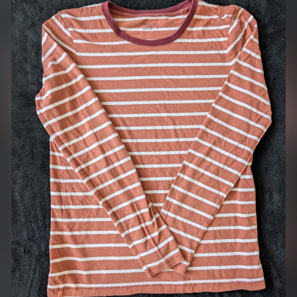 Madewell Northside Long Sleeve Cotton Vintage Tee Orange Cream Stripe XS - Picture 3 of 8